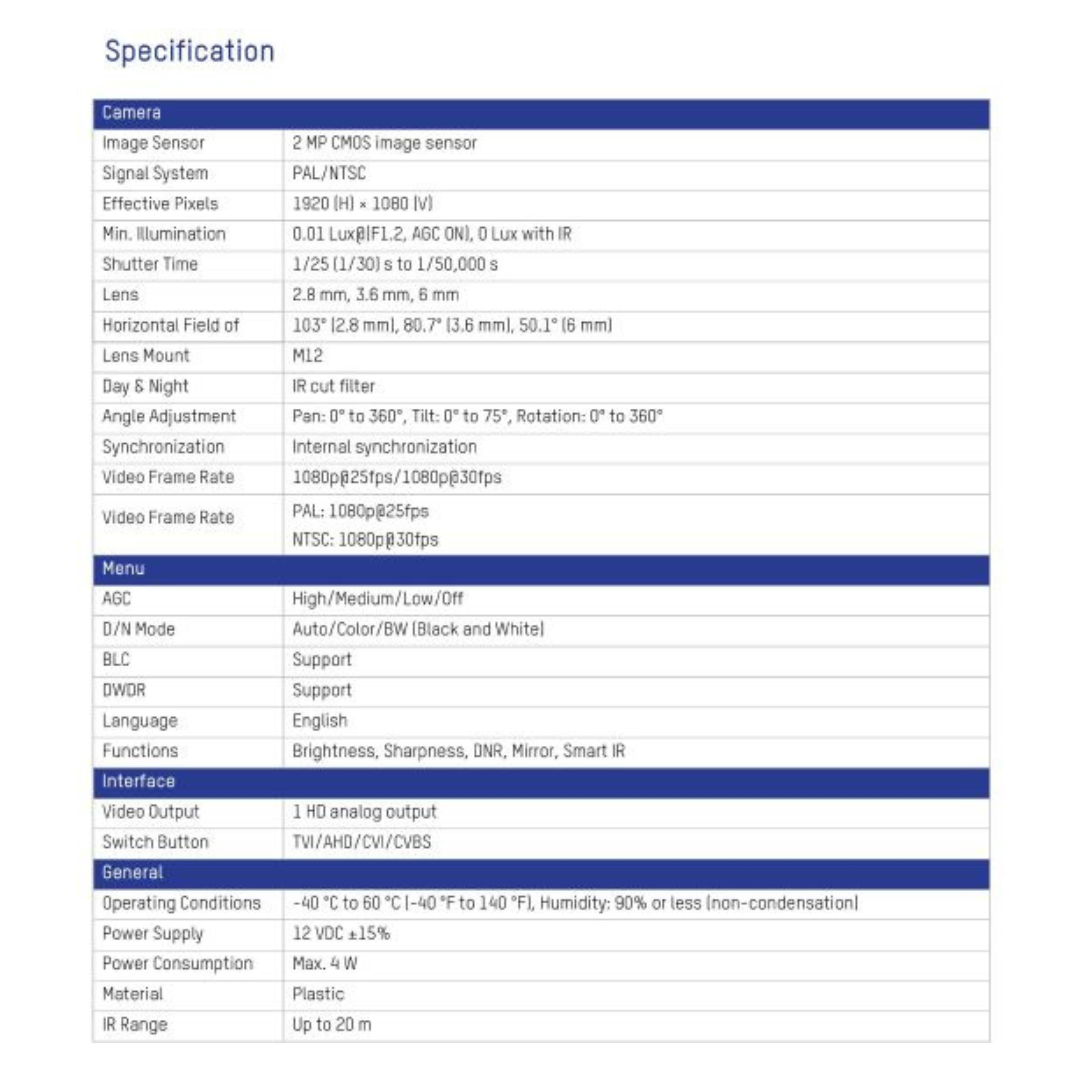 2MP Regular Dome Camera (PT-HTD702E-ITPF) Brand:PRAMA