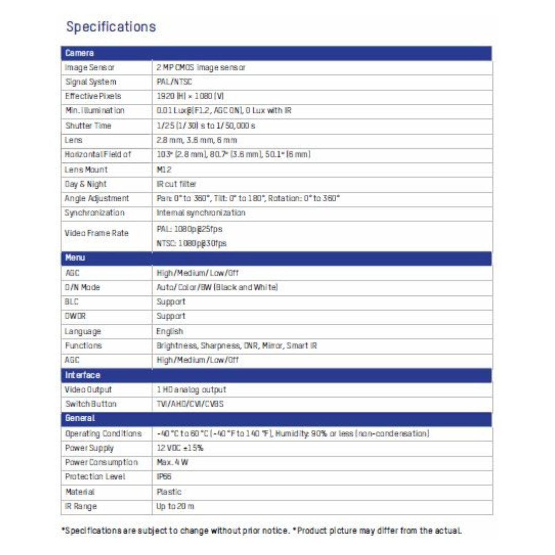 2MP REGULAR BULLET CAMERA (PT-HTD112E-ITPF) BRAND:PRAMA