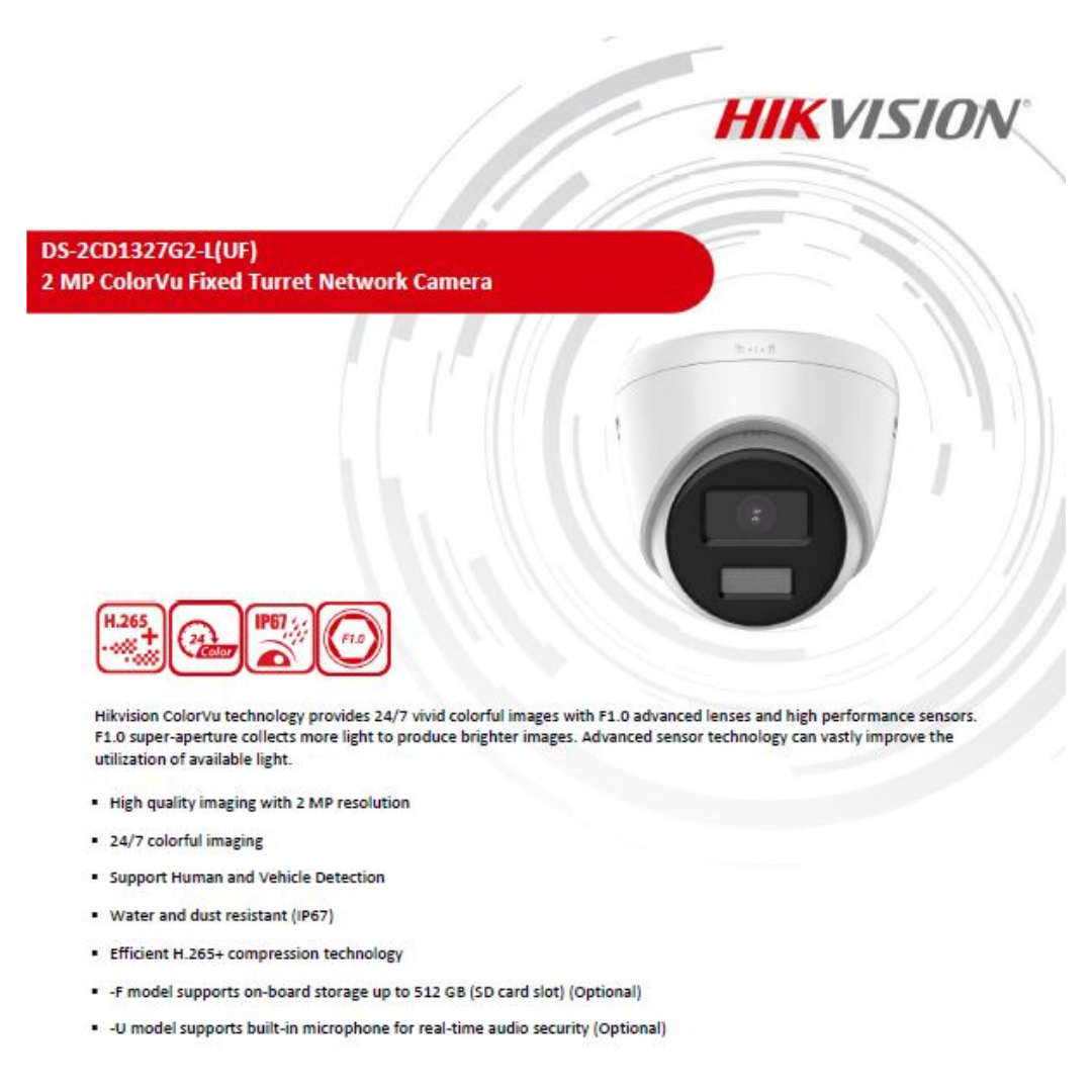 2MP IP COLOR DOME CAMERA DS-2CD1327G2-LU BRAND:HIKVISION
