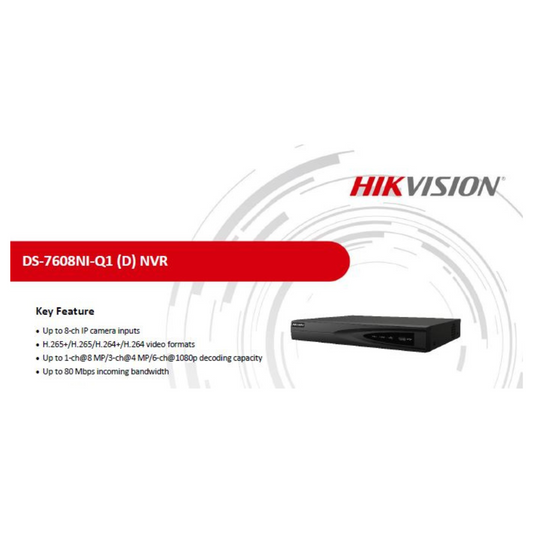 2MP 8 CHANNEL NVR METAL DS-7608NI-Q1 BRAND:HIKVISION