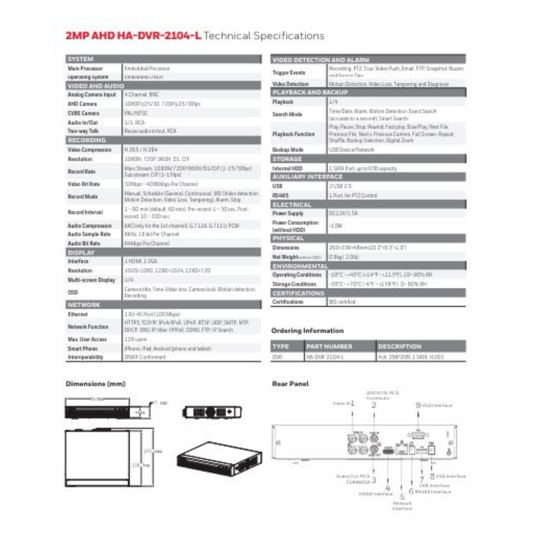2MP 4 CHANNEL DVR METAL HA-DVR-2104-L BRAND:HONEYWELL