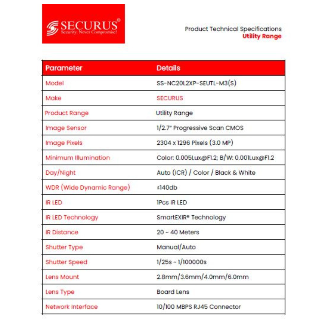 3MP IP BULLET CAMERA SS-NC20L2XP-SEUTL-M3(S) BRAND:SECURUS SMART EXIR TECHNOLOGY