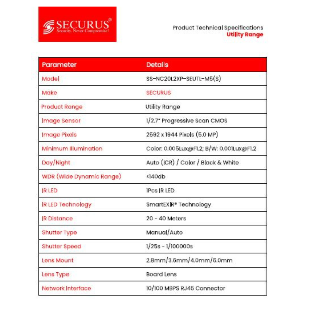 5MP IP BULLET CAMERA SS-NC20L2XP-SEUTL-M5(S) BRAND:SECURUS SMART EXIR TECHNOLOGY