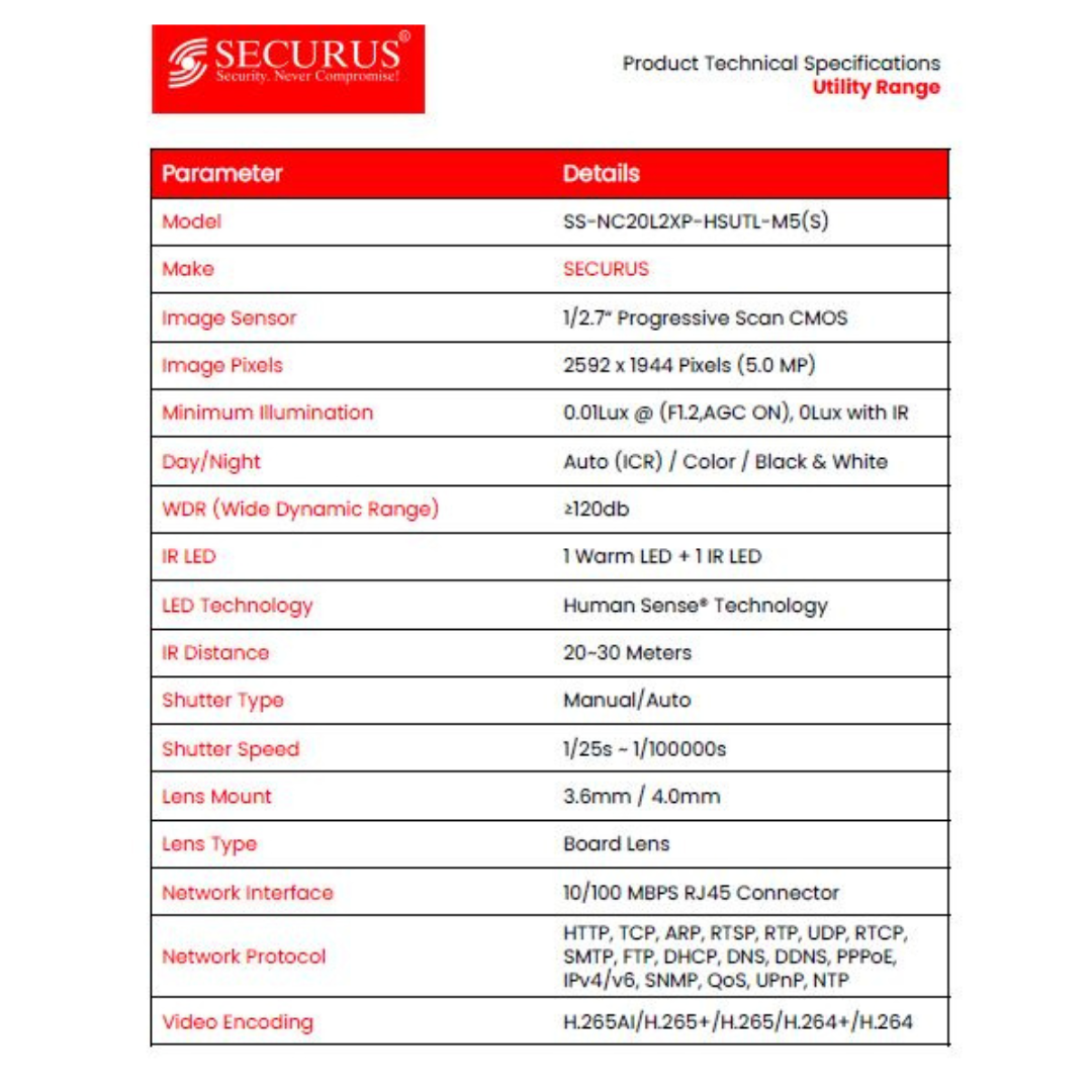 5MP IP BULLET CAMERA SS-NC20L2XP-HSUTL-M5(S) BRAND:SECURUS HUMAN SENSE TECHNOLOGY