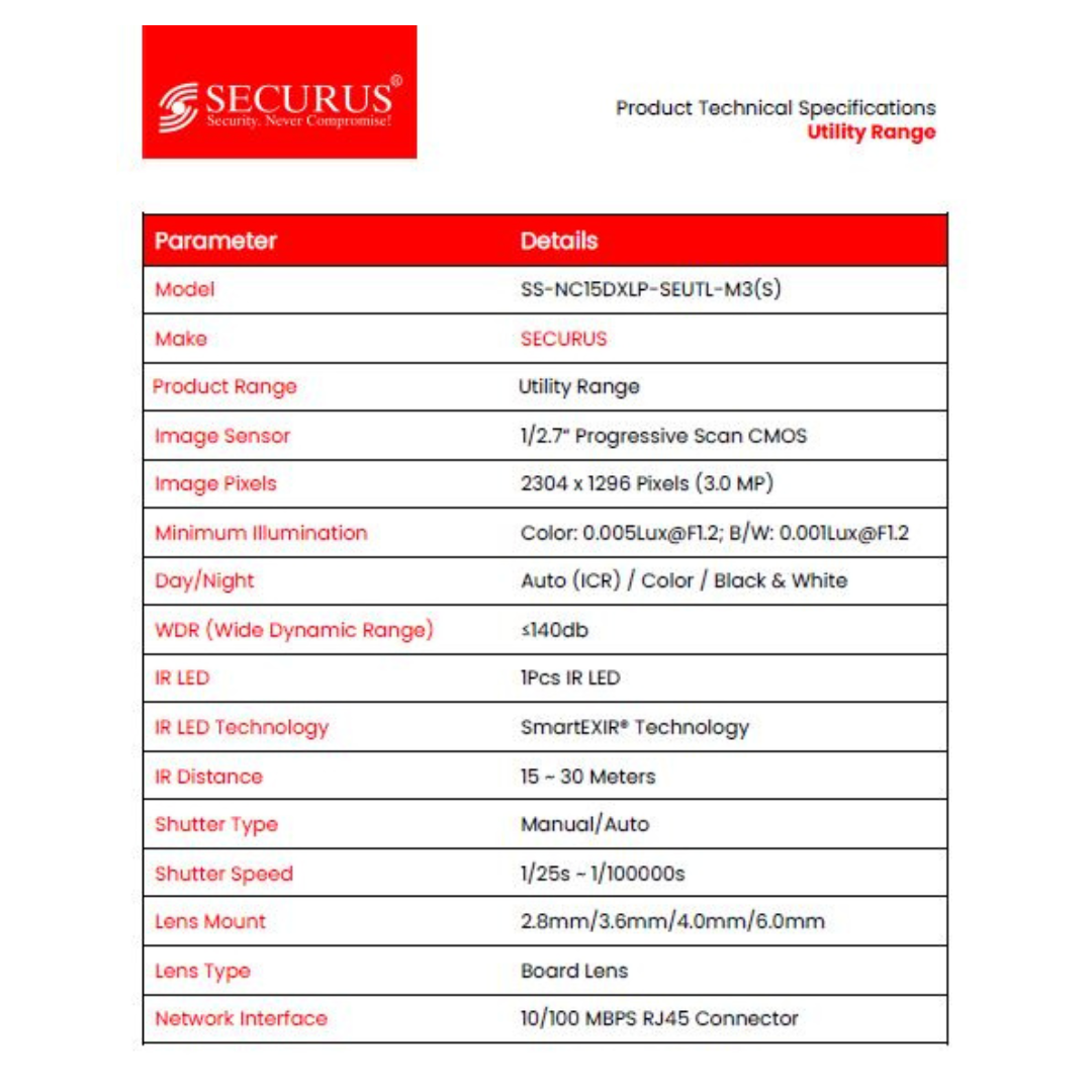 3MP IP DOME CAMERA SS-NC15DXLP-SEUTL-M3(S) BRAND:SECURUS SMART EXIR TECHNOLOGY