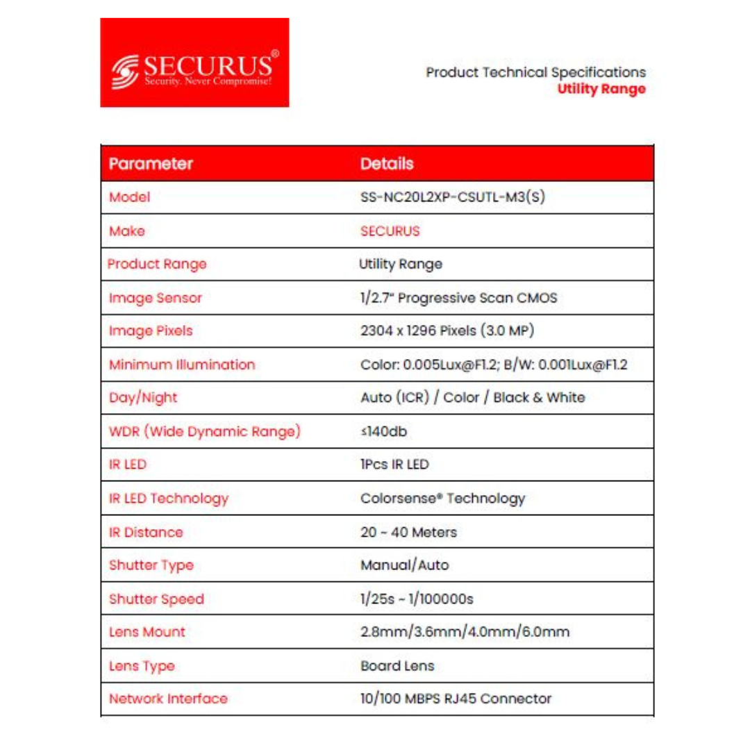 3MP IP BULLET CAMERA SS-NC20L2XP-CSUTL-M3(S) BRAND:SECURUS COLORSENSE TECHNOLOGY