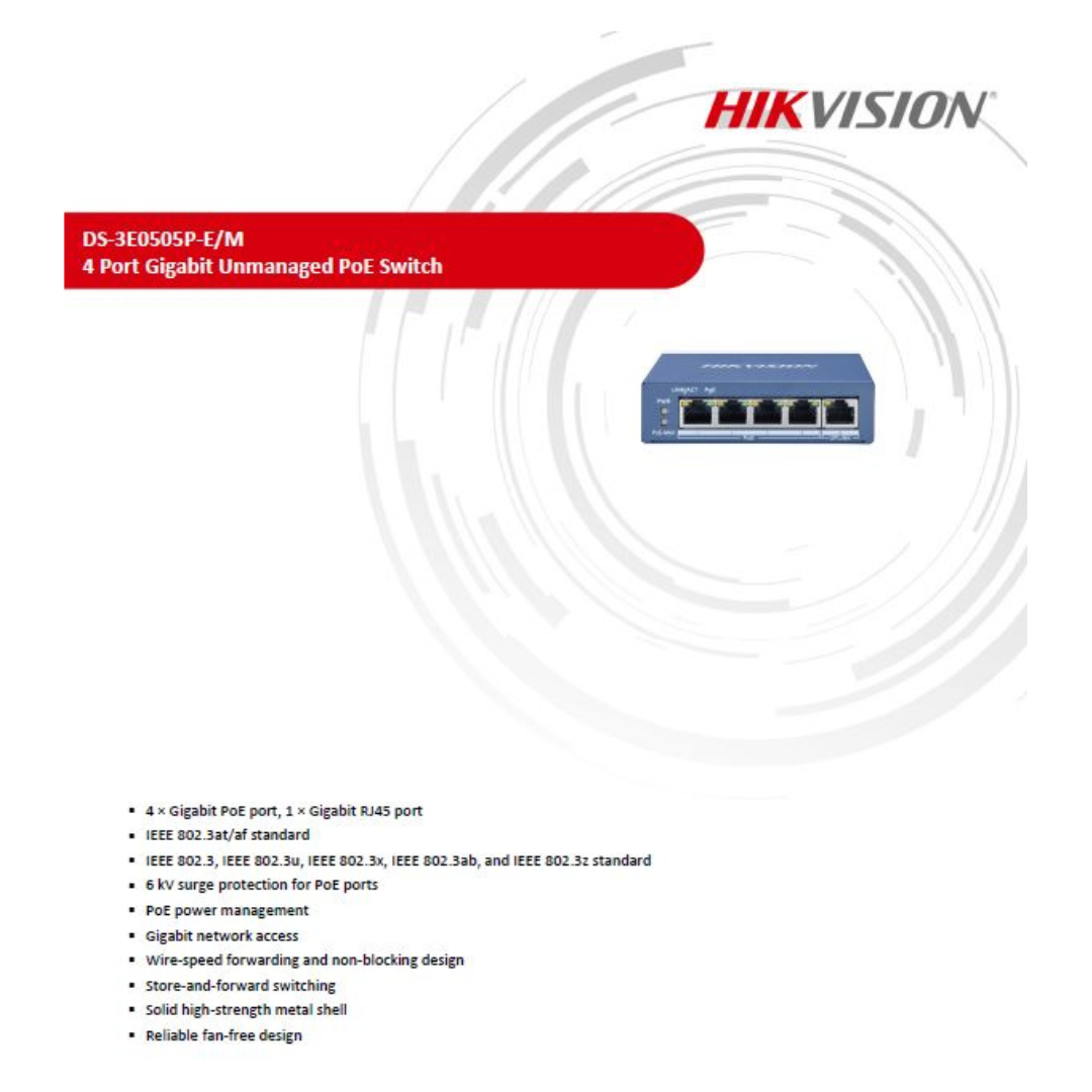 4 Port Gigabit Unmanaged PoE Switch DS-3E0505P-E/M BRAND:HIKVISION