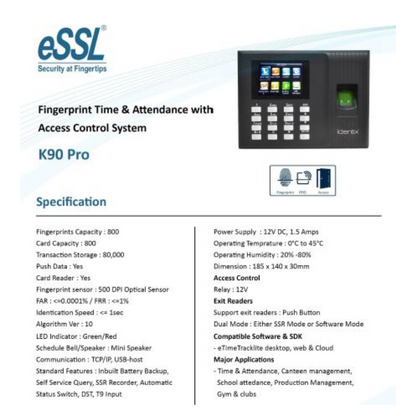 Biometric K90 Pro Time & Attendance Machine BRAND:ESSL