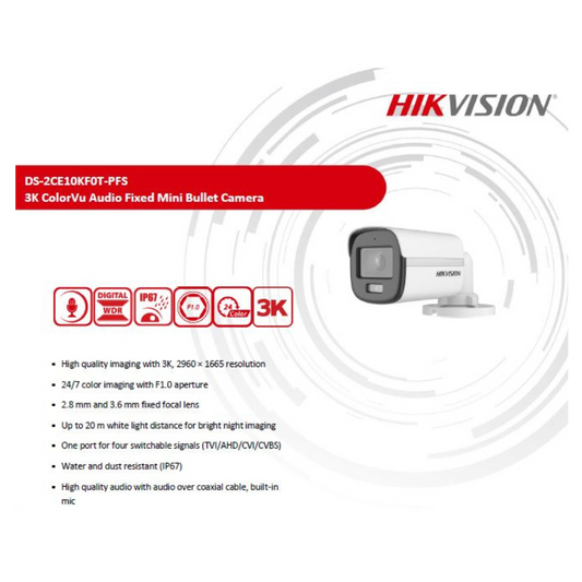 5MP COLOR VU BULLET CAMERA DS-2CE10KF0T-PFS BRAND:HIKVISION