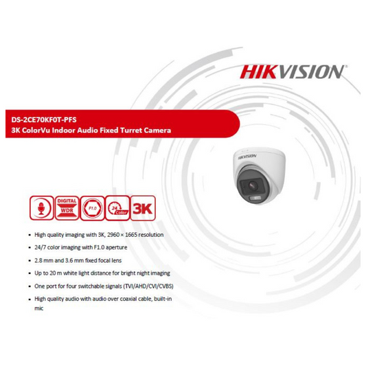 5MP COLOR VU DOME CAMERA DS-2CE70KF0T-PFS BRAND:HIKVISION