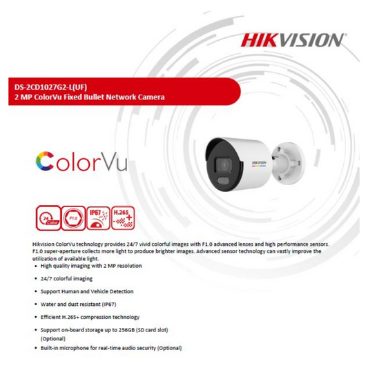 2MP IP COLOR BULLET CAMERA DS-2CD1027G2-LU BRAND:HIKVISION