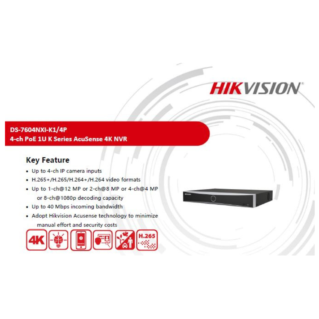 4MP 4 CHANNEL NVR METAL DS-7604NXI-K1 BRAND:HIKVISION