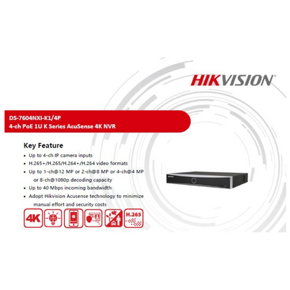 4MP 4 CHANNEL NVR METAL DS-7604NXI-K1 BRAND:HIKVISION