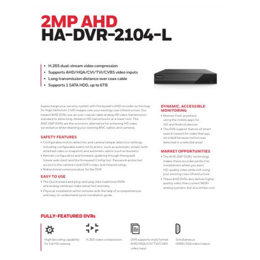 2MP 4 CHANNEL DVR METAL HA-DVR-2104-L BRAND:HONEYWELL