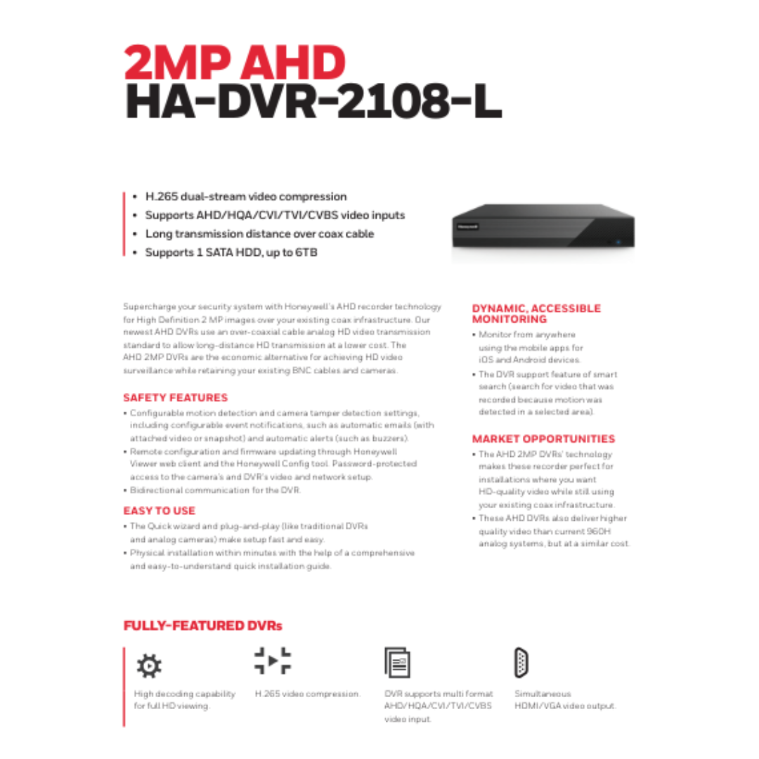 2MP 8 CHANNEL DVR METAL HA-DVR-2108-L BRAND:HONEYWELL
