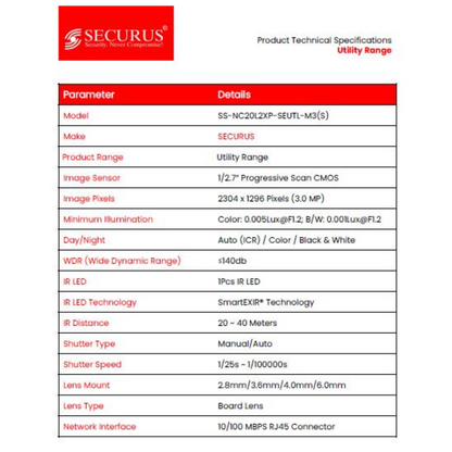 3MP IP BULLET CAMERA SS-NC20L2XP-SEUTL-M3(S) BRAND:SECURUS SMART EXIR TECHNOLOGY