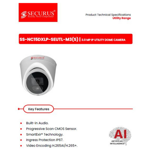 3MP IP DOME CAMERA SS-NC15DXLP-SEUTL-M3(S) BRAND:SECURUS SMART EXIR TECHNOLOGY