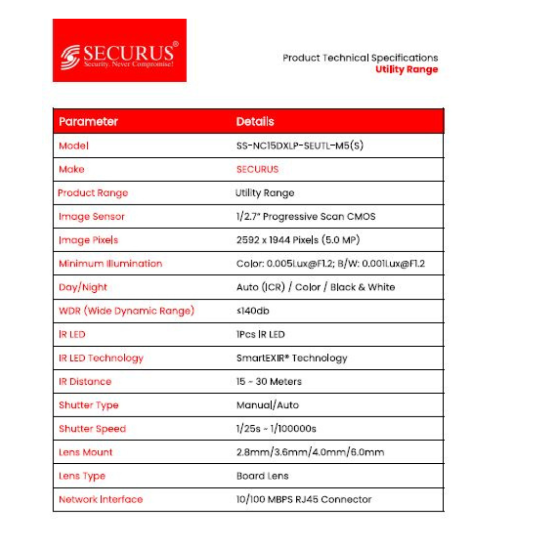 5MP IP DOME CAMERA SS-NC15DXLP-SEUTL-M5(S) BRAND:SECURUS SMART EXIR TECHNOLOGY