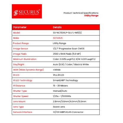 5MP IP DOME CAMERA SS-NC15DXLP-SEUTL-M5(S) BRAND:SECURUS SMART EXIR TECHNOLOGY