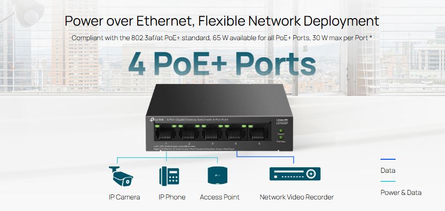 4 Port Gigabit Unmanaged PoE Switch LS105GP BRAND:TP LINK