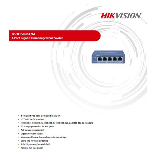 4 Port Gigabit Unmanaged PoE Switch DS-3E0505P-E/M BRAND:HIKVISION