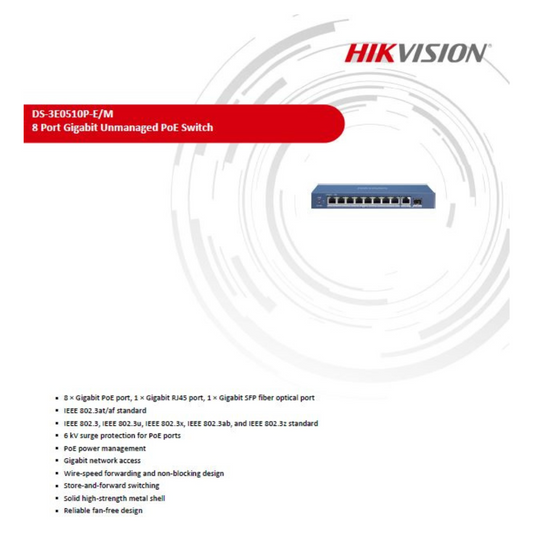 8 PORT GIGABIT UNMANAGED POE SWITCH DS-3E0510P-E/M BRAND:HIKVISION