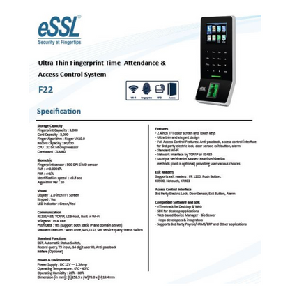 BIOMETRIC F22 TIME, ATTENDANCE AND ACCESS CONTROL MACHINE BRAND:ESSL