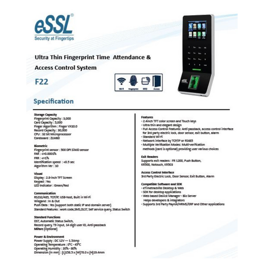 BIOMETRIC F22 TIME, ATTENDANCE AND ACCESS CONTROL MACHINE BRAND:ESSL
