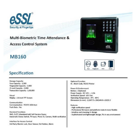 BIOMETRIC MB160 TIME, ATTENDANCE, FACE AND ACCESS CONTROL MACHINE  BRAND:ESSL